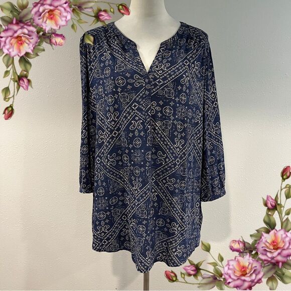 Lucky Brand Blue 3/4 Sleeve Relaxed long sleeve Blouse size 1X - Picture 1 of 13